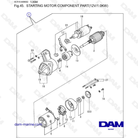 Yanmar 1GM, 2GM, 3GM, 3HM - Pieza del componente del motor de arranque (12V/1.0KW)