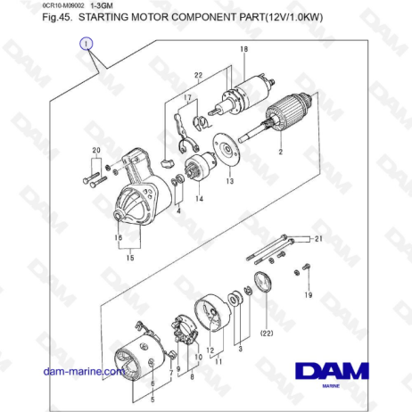 Yanmar 1GM, 2GM, 3GM, 3HM - Starting motor component part (12V/1.0KW)