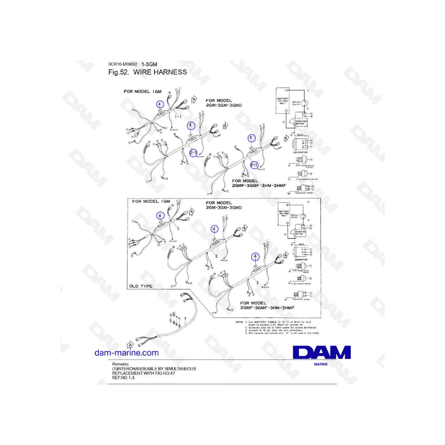 Yanmar 1GM, 2GM, 3GM, 3HM (F&D) - Arnés de cables