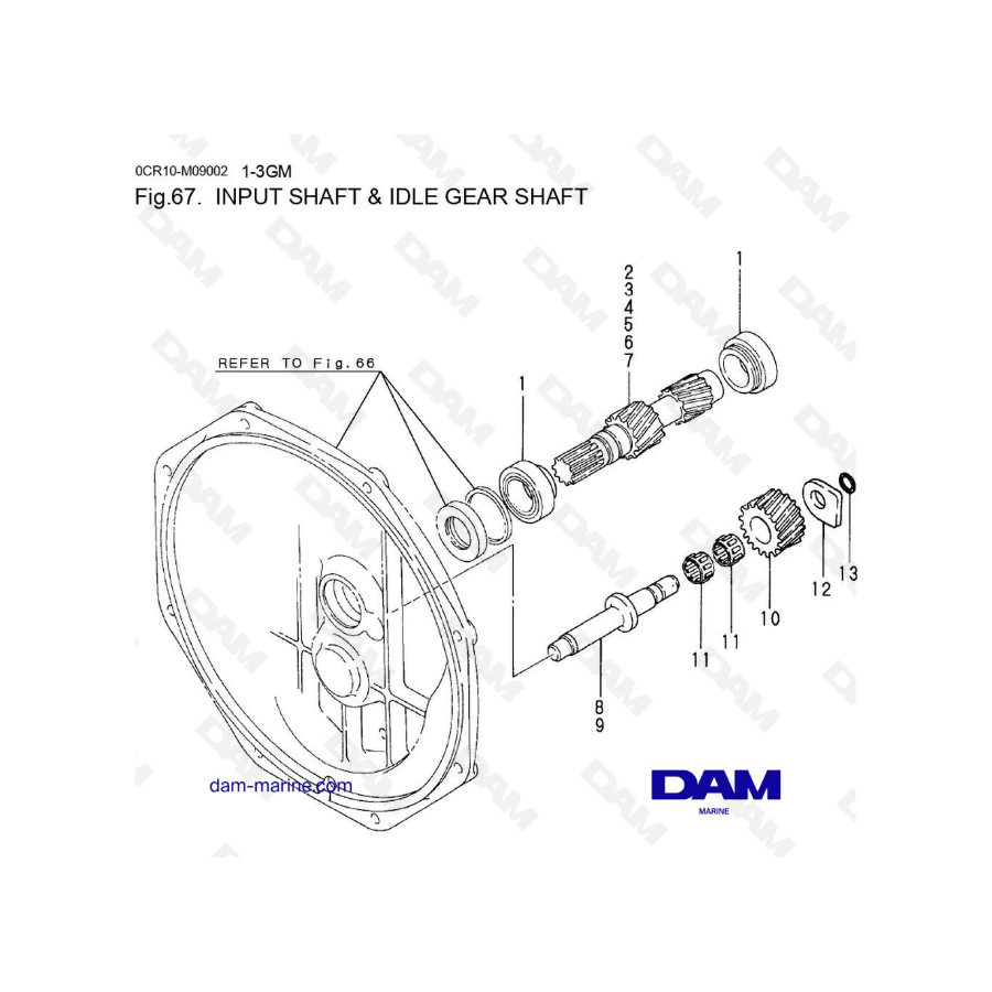 Yanmar 1GM, 2GM, 3GM Eje de entrada y eje de engranaje loco