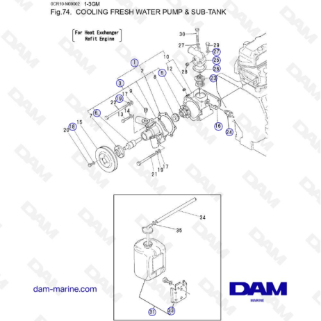 Yanmar 1GM, 2GM, 3GM - BOMBA DE AGUA DULCE DE REFRIGERACIÓN Y DEPÓSITO SECUNDARIO