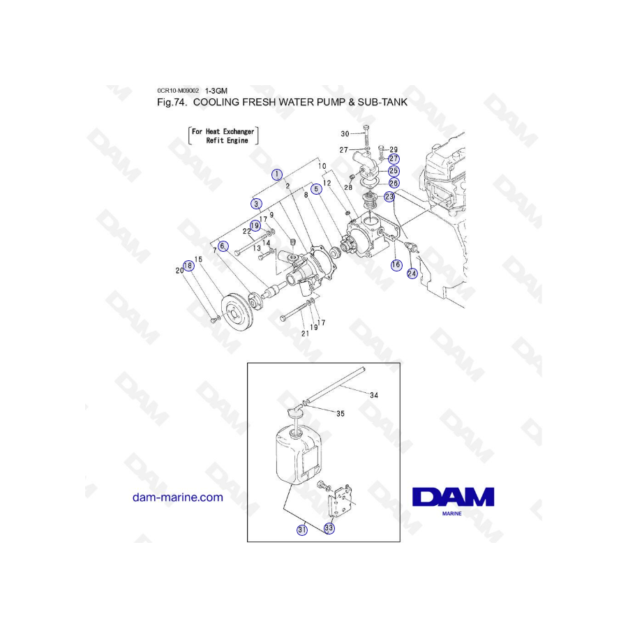 Yanmar 1GM, 2GM, 3GM - COOLING FRESH WATER PUMP & SUB-TANK