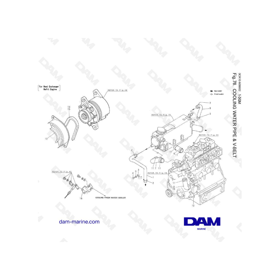 Yanmar 1GM, 2GM, 3GM - COOLING WATER PIPE & V-BELT