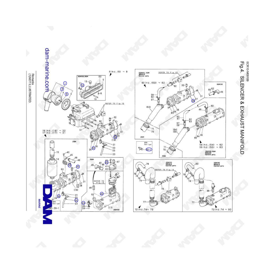 Yanmar 2QM - Silencer and Exhaust Manifold 