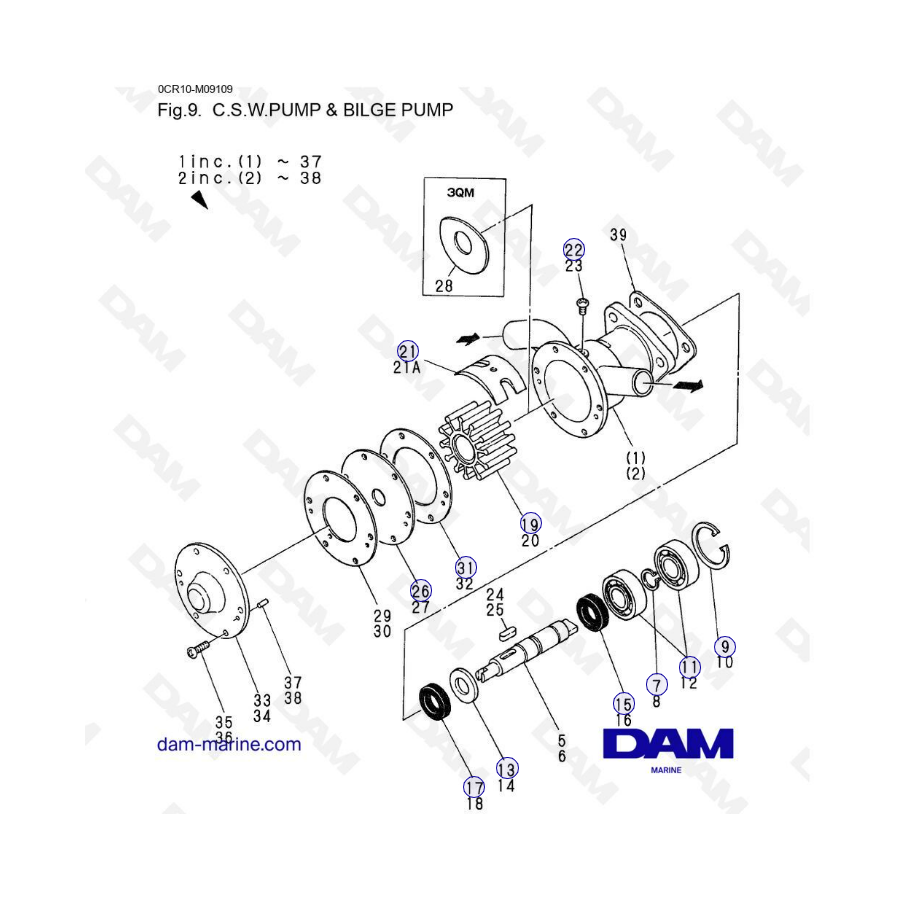 Yanmar 2QM - Bomba C.S.W y bomba de achique