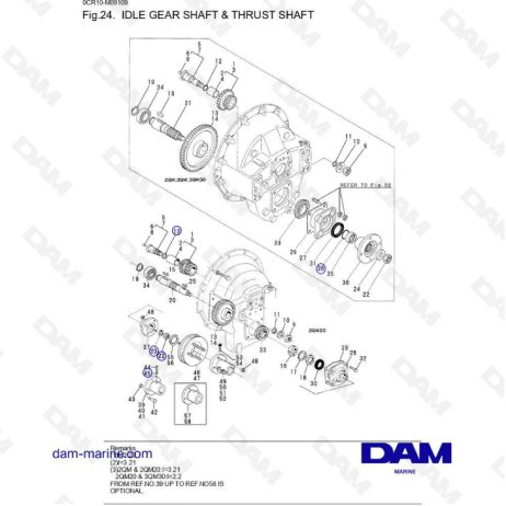 Yanmar 2QM - Eje de engranaje loco y eje de empuje