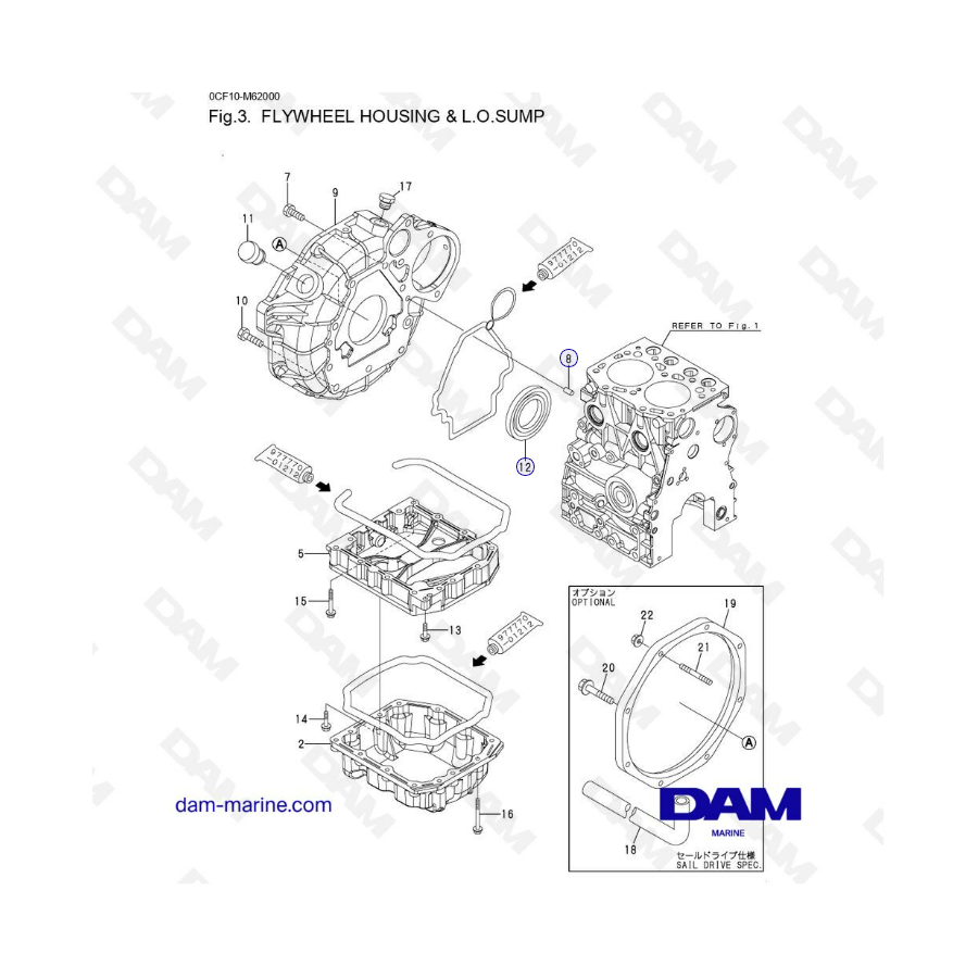 Yanmar 2YM15 - Carcasa del volante y L.O.SUMP