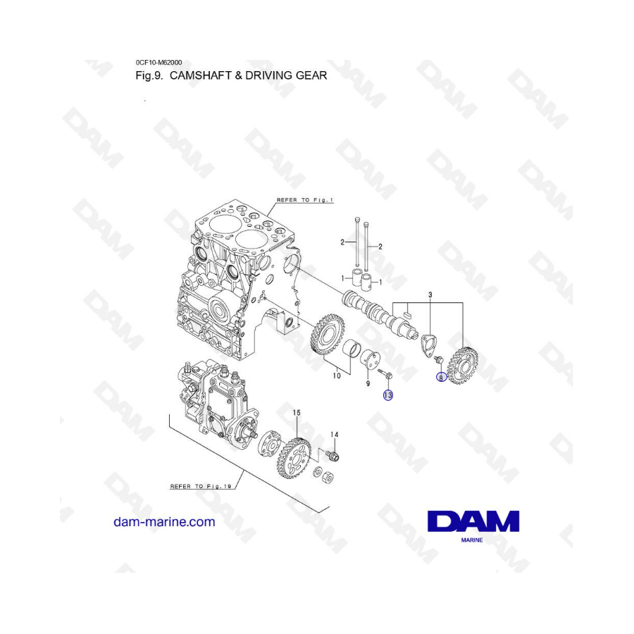 Yanmar 2YM15 - Árbol de levas y engranaje impulsor