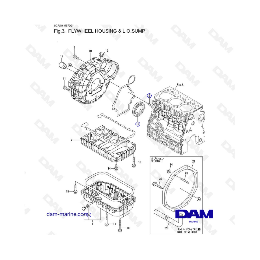 Yanmar 3YM20 - FLYWHEEL HOUSING & L.O SUMP