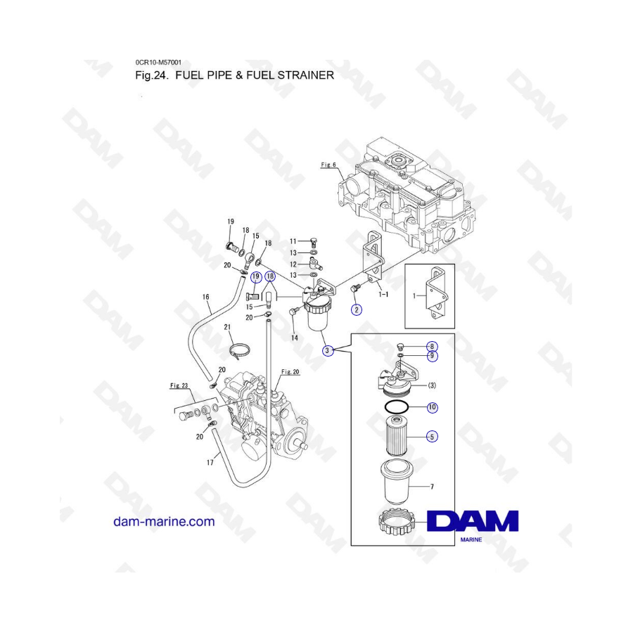 Yanmar 3YM20 - TUBO DE COMBUSTIBLE Y COLADOR DE COMBUSTIBLE