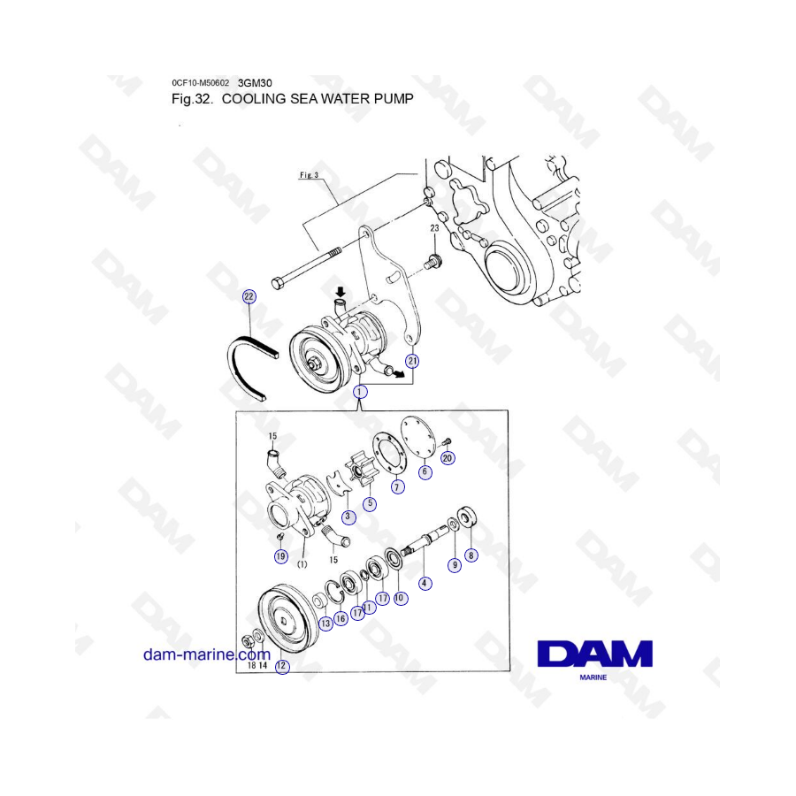 Yanmar 3GM30 - BOMBA DE AGUA DE MAR DE REFRIGERACIÓN