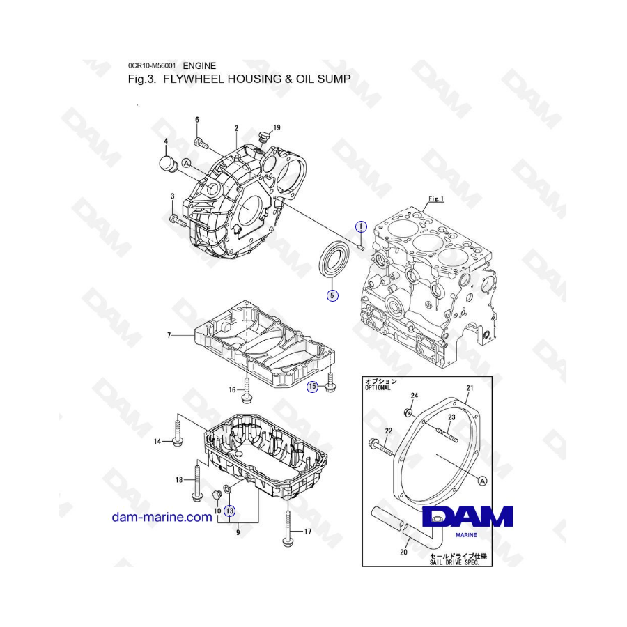 Yanmar 3YM30 - CAJA DE VOLANTE Y BOMBA DE ACEITE