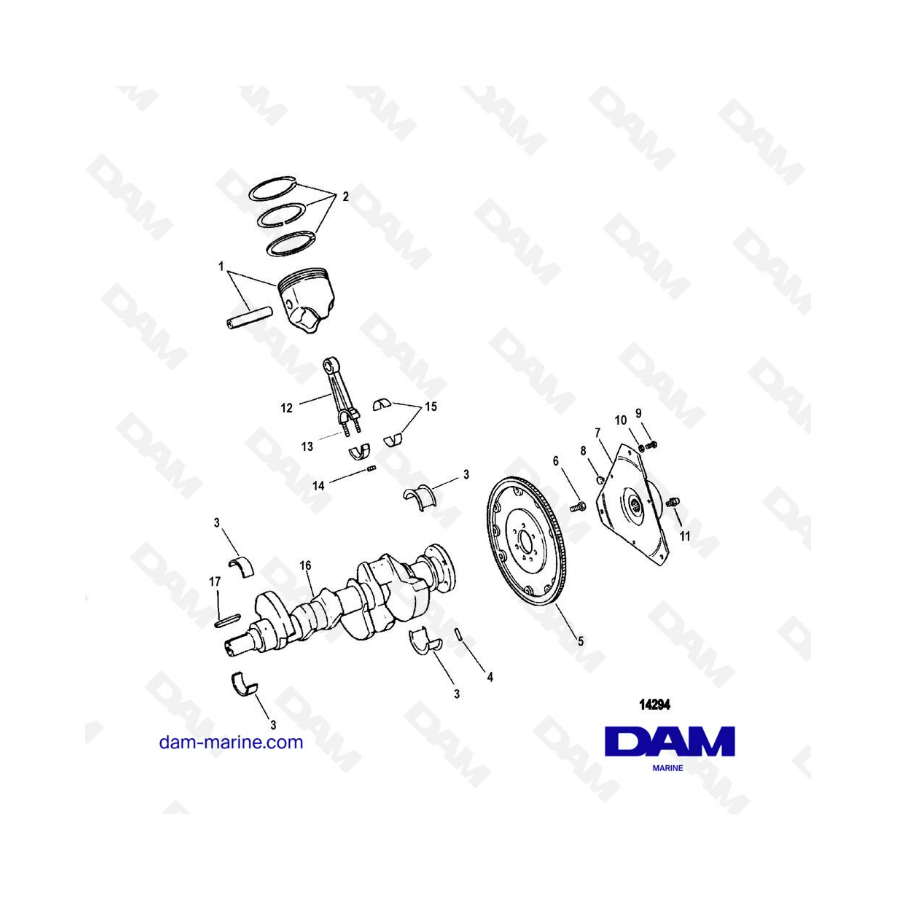 VISTA DE DESPIECE - MERCRUISER 4.3L (GEN 2) GM262 V6 - 1996 - CIGÜEÑAL Y PISTONES