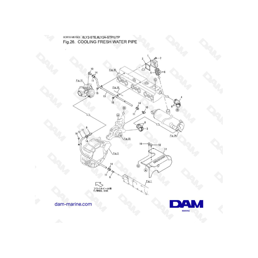 Yanmar 6LY2- TUBO DE AGUA DULCE DE REFRIGERACIÓN