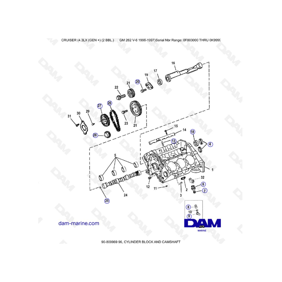 VISTA DE DESPIECE - MERCRUISER 4.3LX (GEN +) GM262 V6 - 1996-1997 - BLOQUE DE CILINDROS Y ÁRBOL DE LEVAS