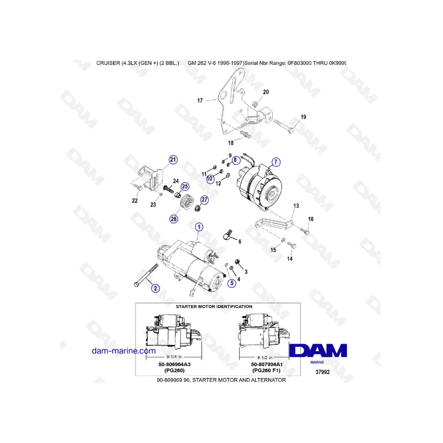 VISTA DE DESPIECE - MERCRUISER 4.3LX (GEN +) GM262 V6 - 1996-1997 - Motor de arranque y alternador