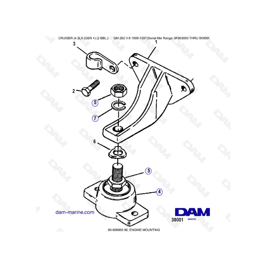 VISTA DE DESPIECE - MERCRUISER 4.3LX (GEN +) GM262 V6 - 1996-1997 - Soporte de motor