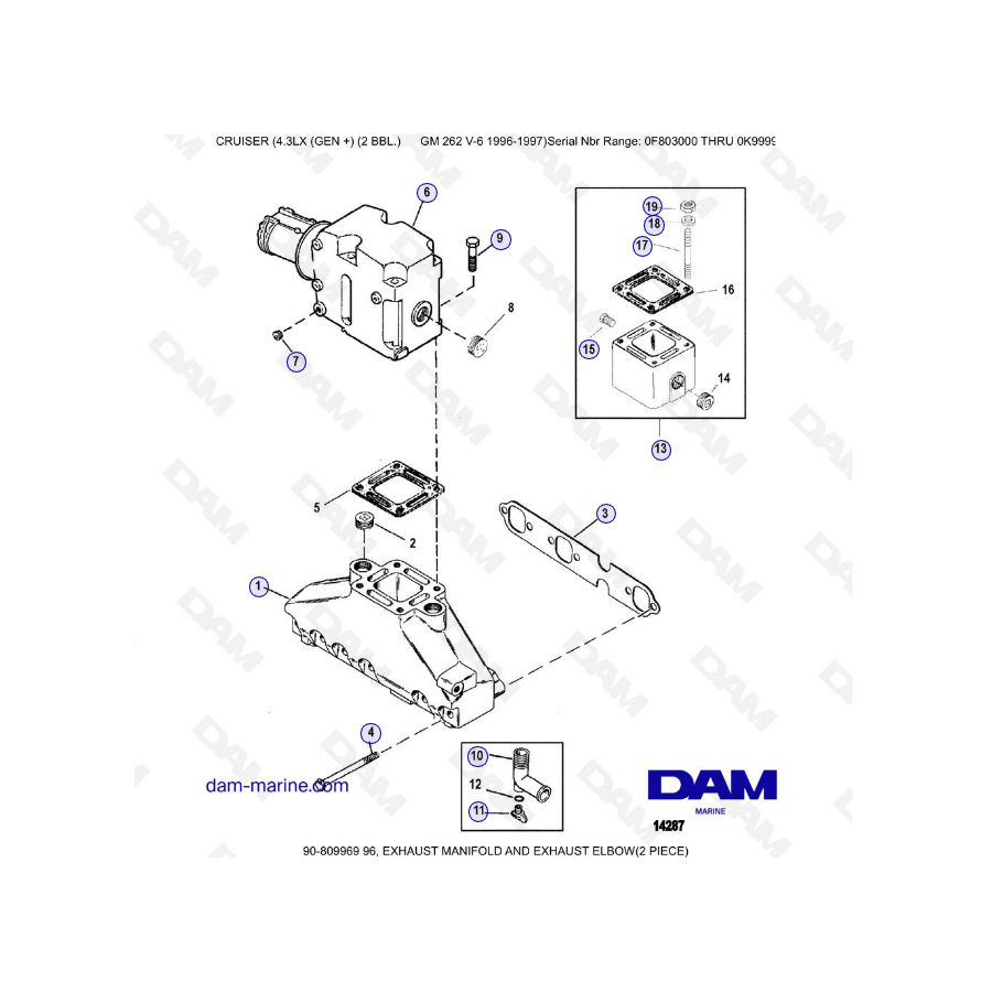 VISTA DE DESPIECE - MERCRUISER 4.3LX (GEN +) GM262 V6 - 1996-1997 - Colector de escape