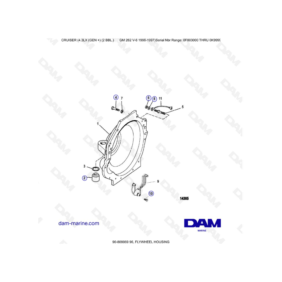 VUE ECLATEE - MERCRUISER 4.3LX (GEN +) GM262 V6 - 1996-1997 - FLYWHEEL HOUSING