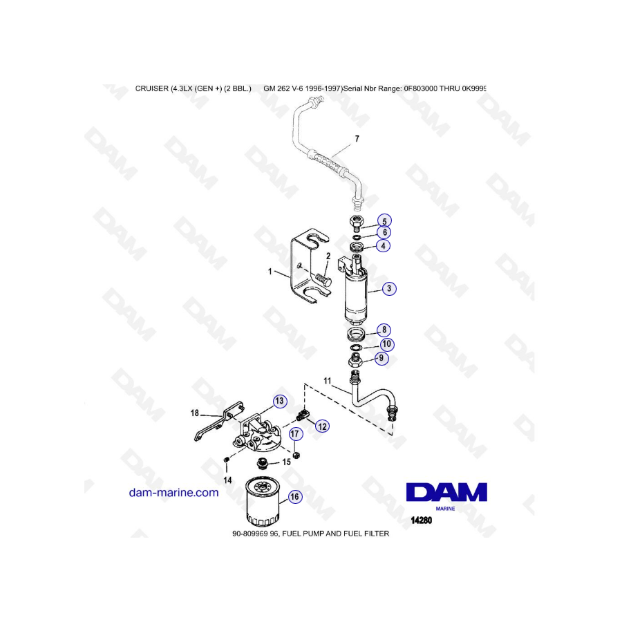 VISTA DE DESPIECE - MERCRUISER 4.3LX (GEN +) GM262 V6 - 1996-1997 - Bomba de combustible y filtro de combustible