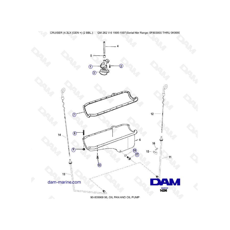 VISTA DE DESPIECE - MERCRUISER 4.3LX (GEN +) GM262 V6 - 1996-1997 - Cárter de aceite y bomba de aceite