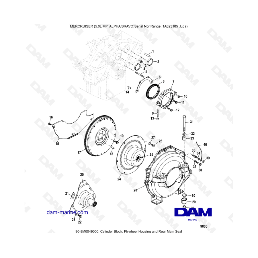 MERCRUISER 5.0L MPI ALPHA-BRAVO - Bloque de cilindros, caja del volante y sello principal trasero