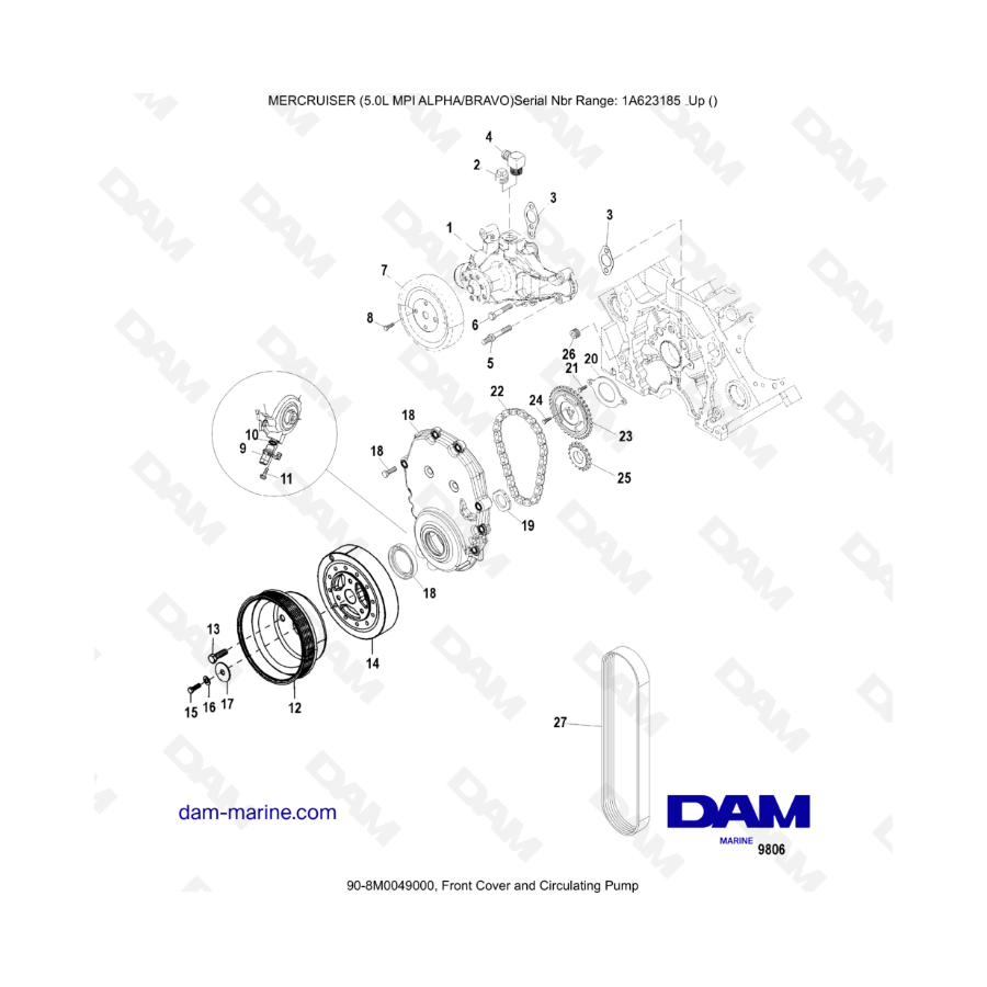 MERCRUISER 5.0L MPI ALPHA-BRAVO - Front cover & circulating pump