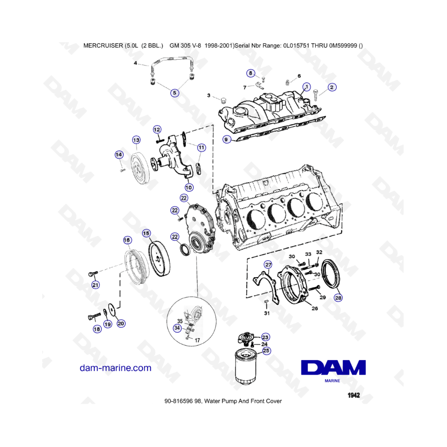 MERCRUISER 5.0L GM305 V8 - Bomba de agua y tapa delantera