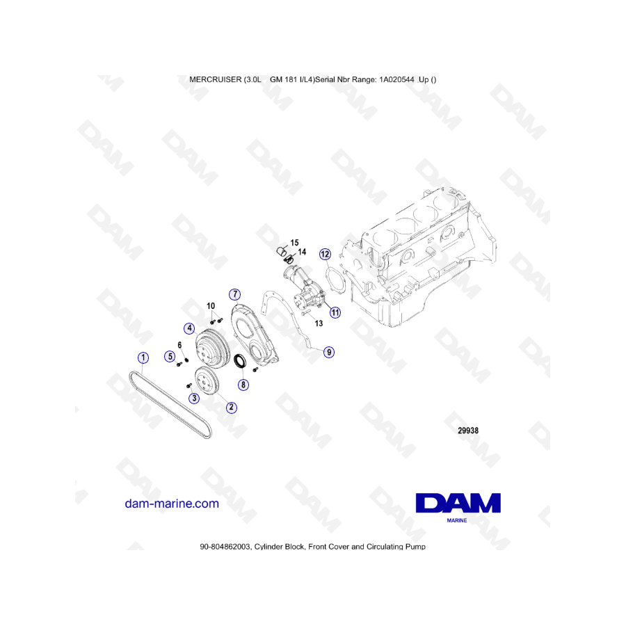 MERCRUISER 3.0L GM181 - Bloque de cilindros, cubierta delantera y bomba de circulación