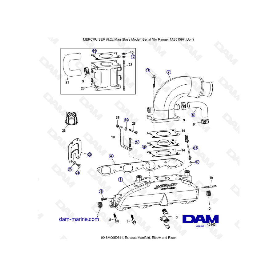 MERCRUISER 8.1L 496 MAG - Colector de escape, codo y elevador