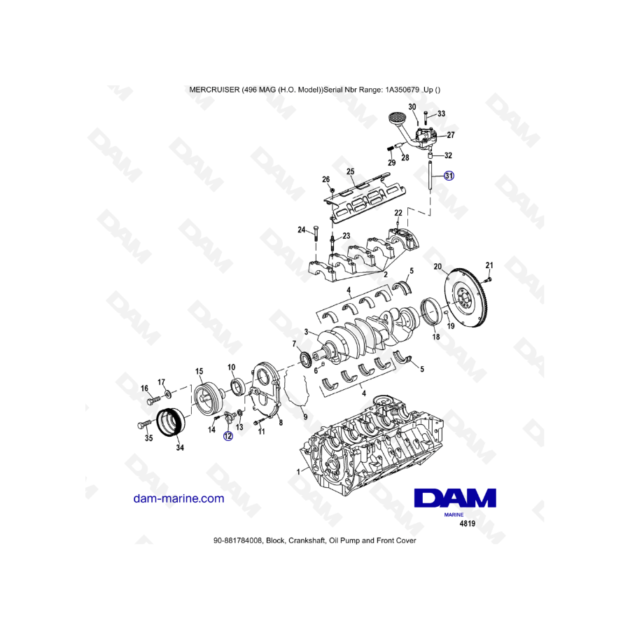 MERCRUISER 8.1L 496 MAG HO - Bloque, cigüeñal, bomba de aceite y tapa delantera