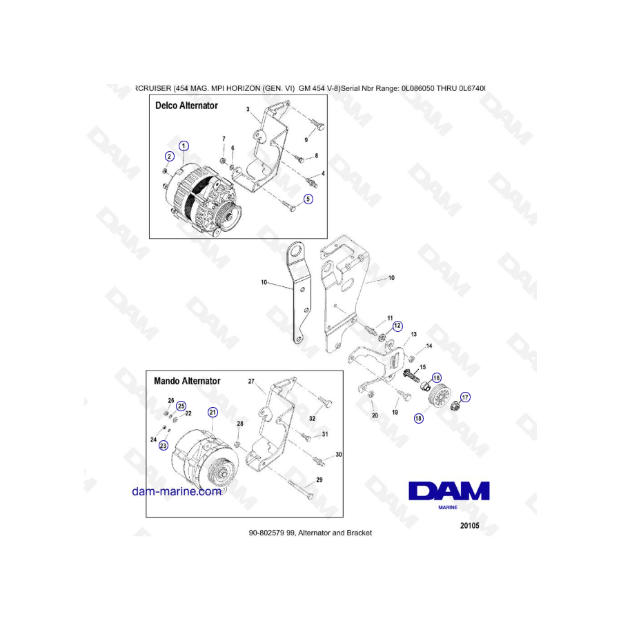 MERCRUISER 454 MAG MPI HORIZON - Alternador y soporte