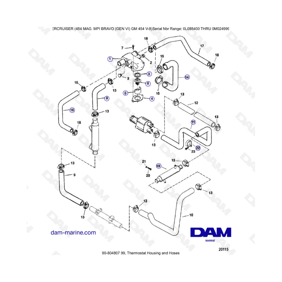 MERCRUISER 454 MAG MPI - Carcasa del termostato y mangueras