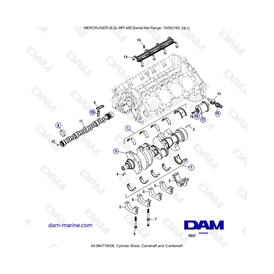 MERCRUISER 6.2L MPI MIE - Bloque de cilindros, árbol de levas y cigüeñal