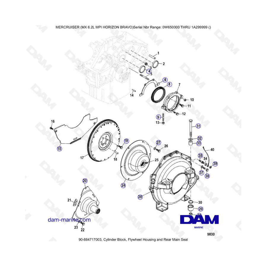 MERCRUISER 6.2L MPI - Bloque de cilindros, carcasa del volante y sello principal trasero