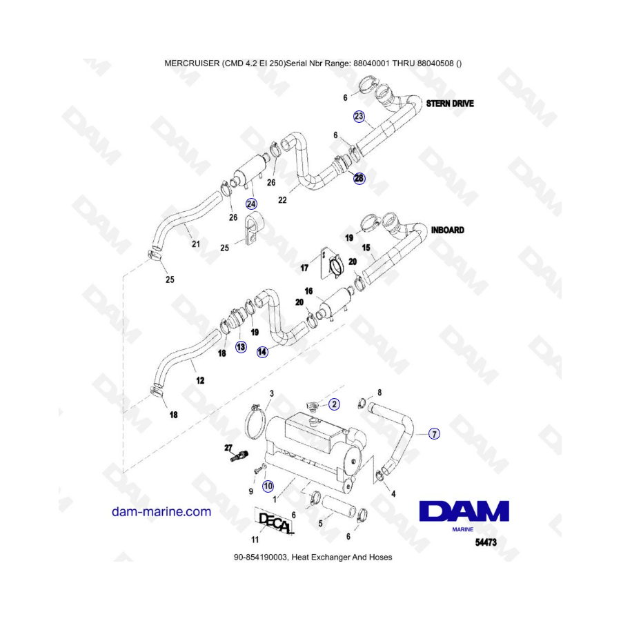 MERCRUISER CMD 4.2 EI 250 - Intercambiador de calor y mangueras