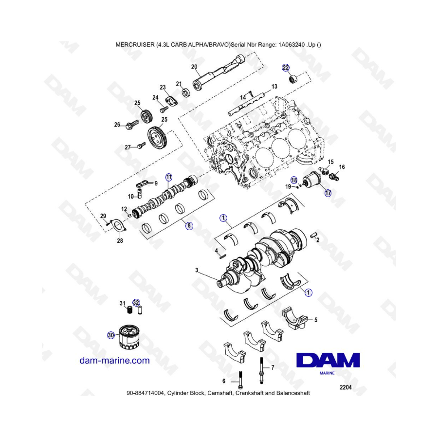 MERCRUISER 4.3L CARB (ALPHA BRAVO) - Cylidner block, camshaft & crankshaft & balanceshaft