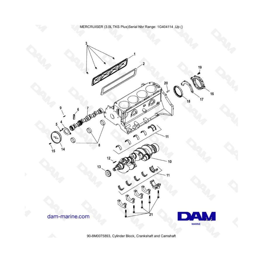 MERCRUISER 3.0L TKS - Bloque de cilindros, cigüeñal y árbol de levas