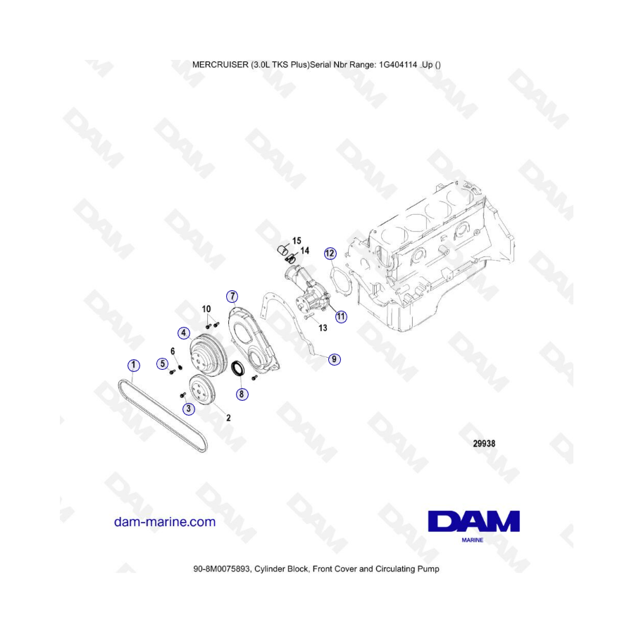 MERCRUISER 3.0L TKS - Bloque de cilindros, tapa delantera y bomba de circulación