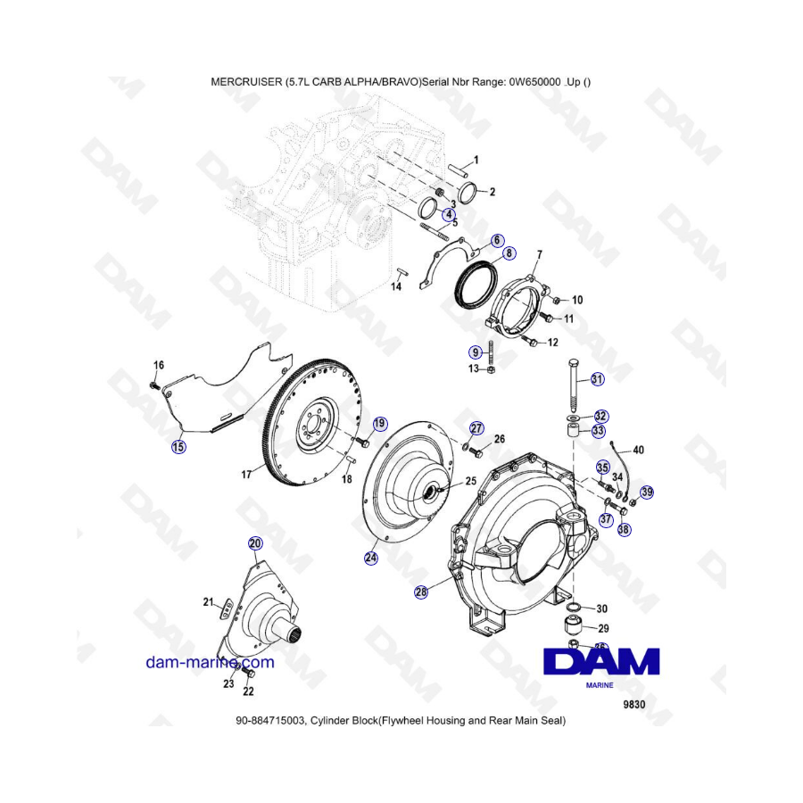 MERCRUISER 5.7L CARB - Bloque de cilindros (carcasa del volante y sello principal trasero)