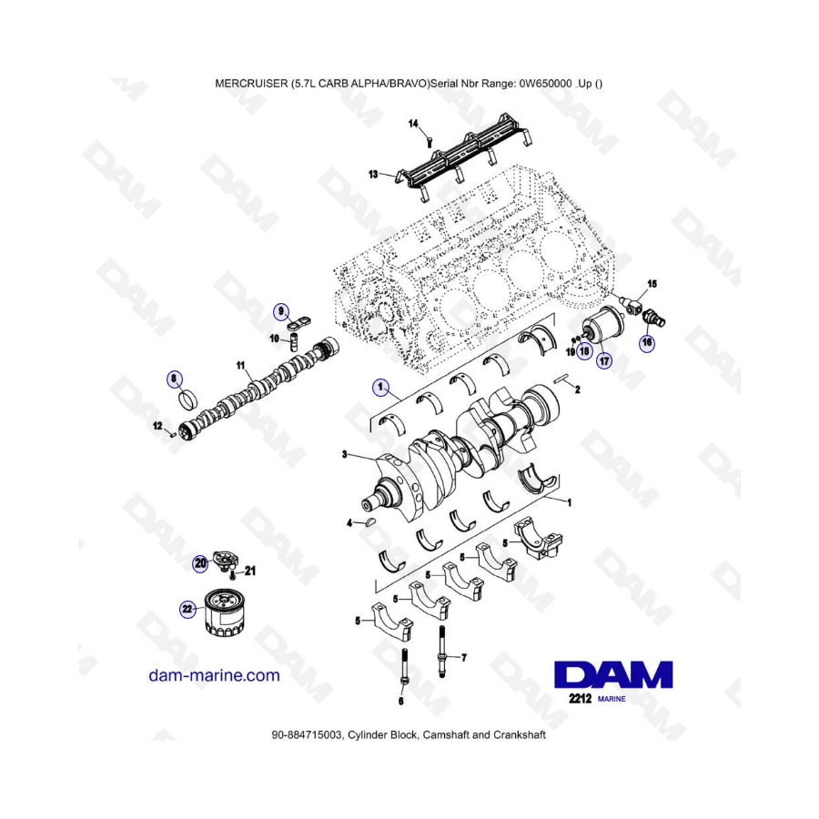 MERCRUISER 5.7L CARB - Bloque de cilindros, árbol de levas y cigüeñal