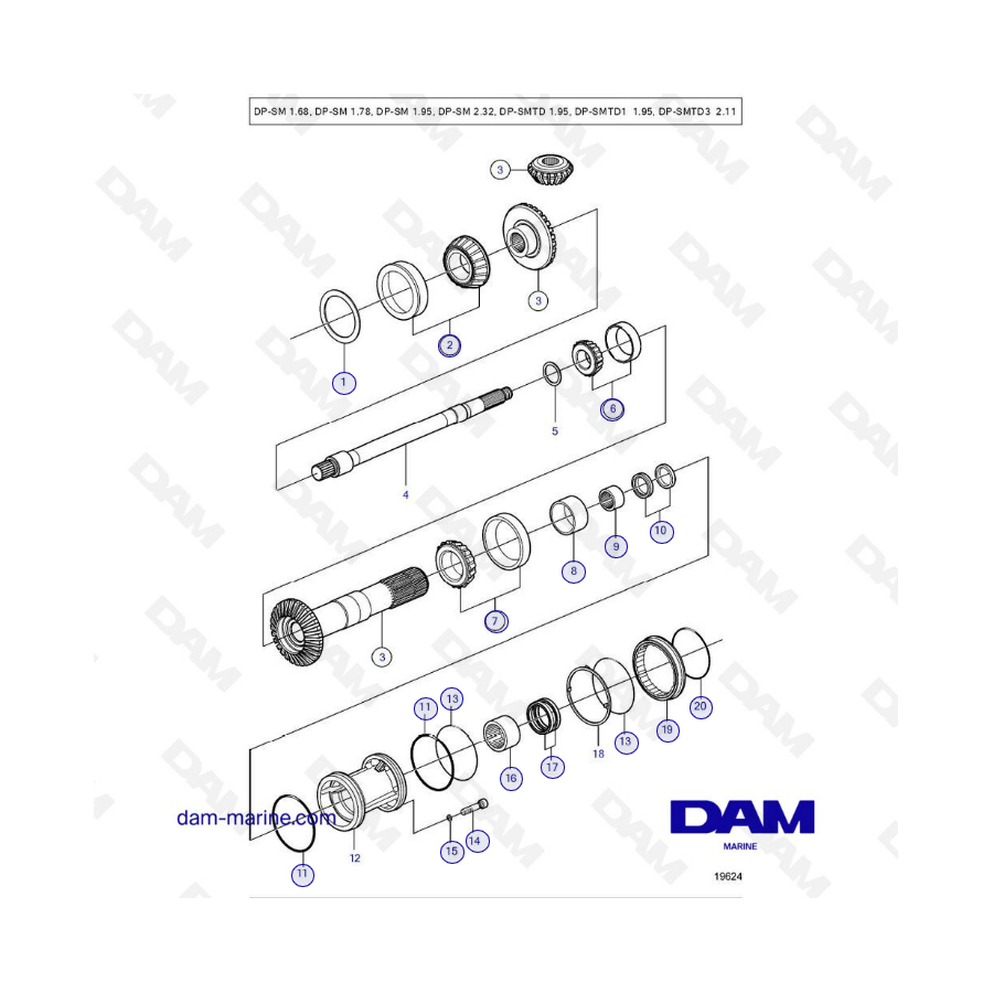 Exploded view Propeller Shaft and Bearing Housing Volvo Penta DP-SM