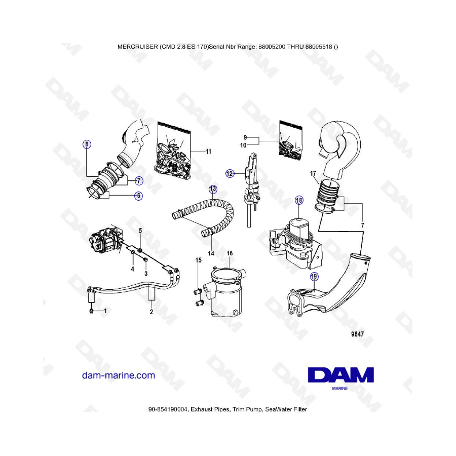 MERCRUISER CMD 2.8 EI 170 - Exhaust pipes, trim pump & seawater filter