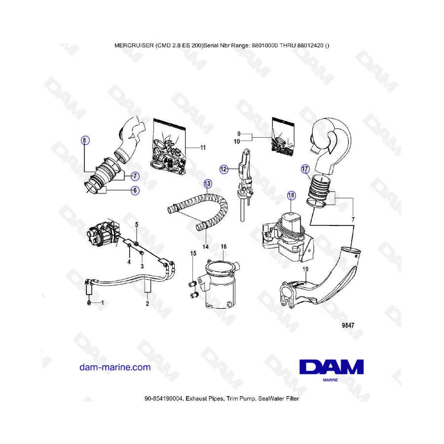 MERCRUISER CMD 2.8 EI 200 - Exhaust pipes, trim pump & seawater filter