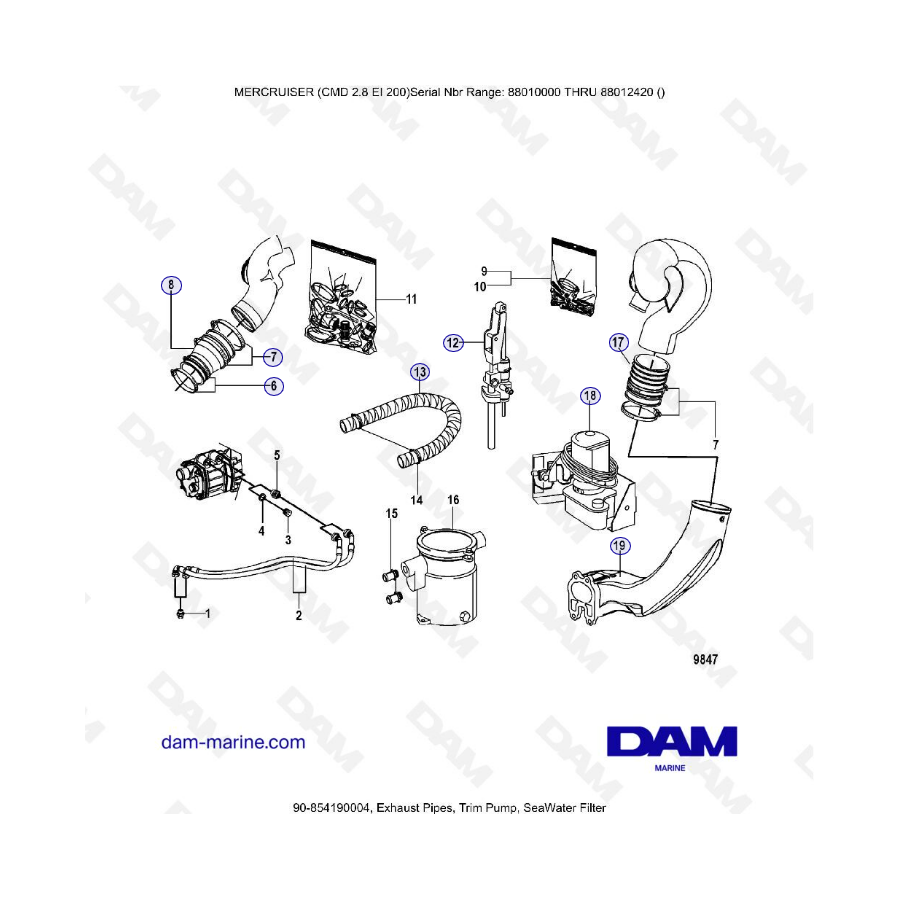 MERCRUISER CMD 2.8 ES 200 - Exhaust pipes, trim pump & seawater filter