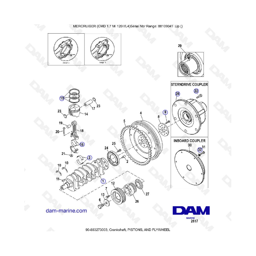 MERCRUISER CMD 1.7L MI 120 - Cigüeñal, pistones y volante