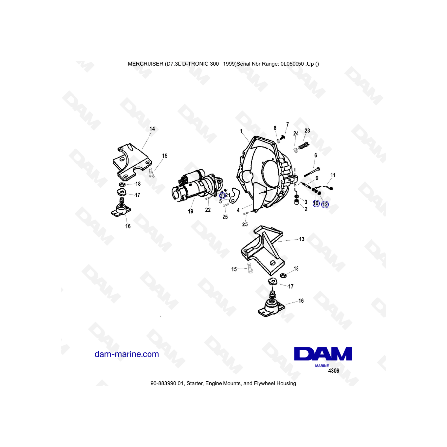 Mercruiser 7.3L D-TRONIC - Motor de arranque, soportes de motor y caja del volante