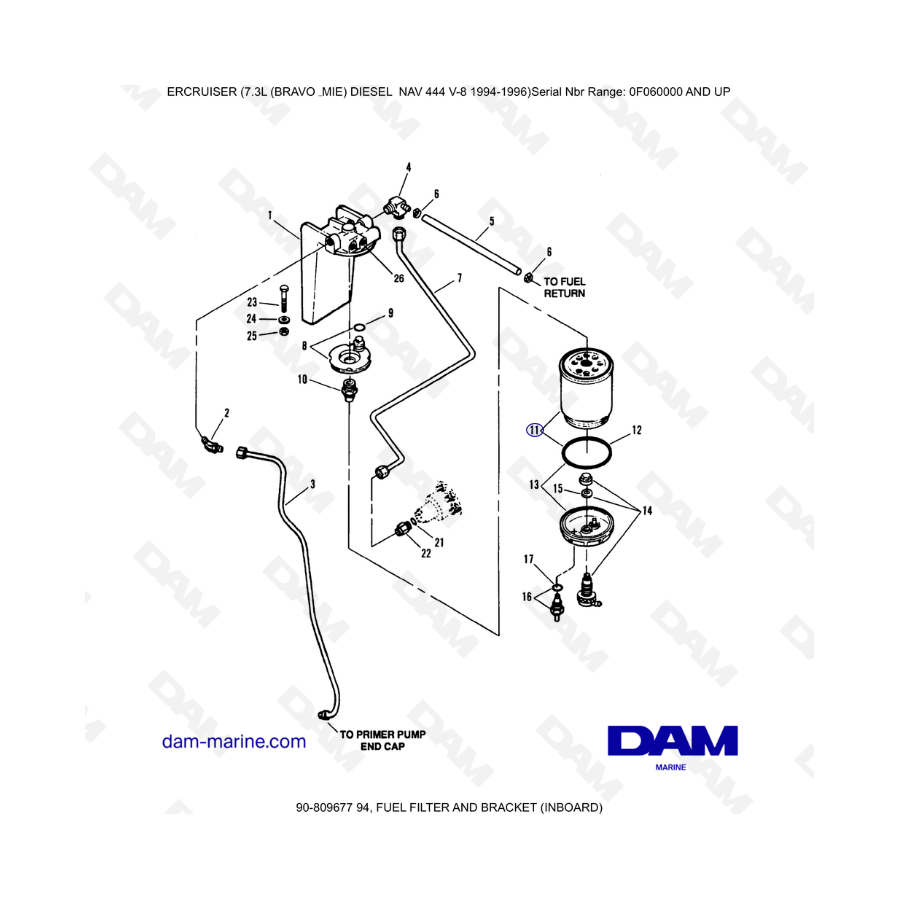 Mercruiser 7.3L NAV 444 - Filtro de combustible y soporte (interior)