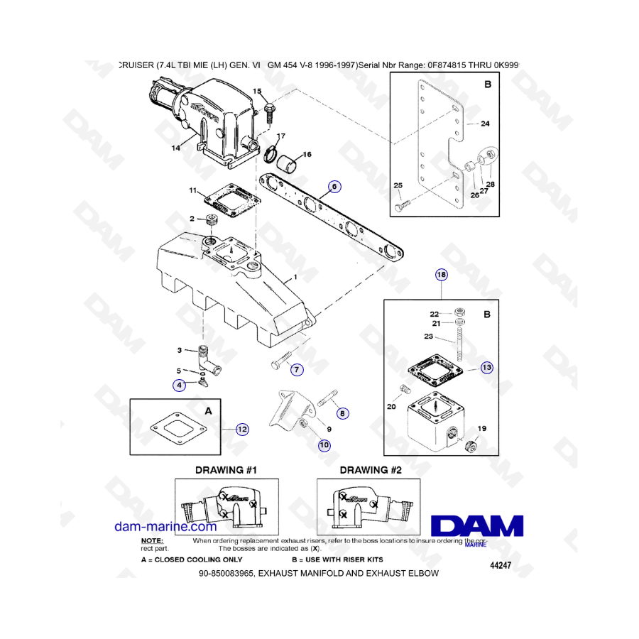 MERCRUISER 7.4L EFI TBI - Colector de escape y codo de escape