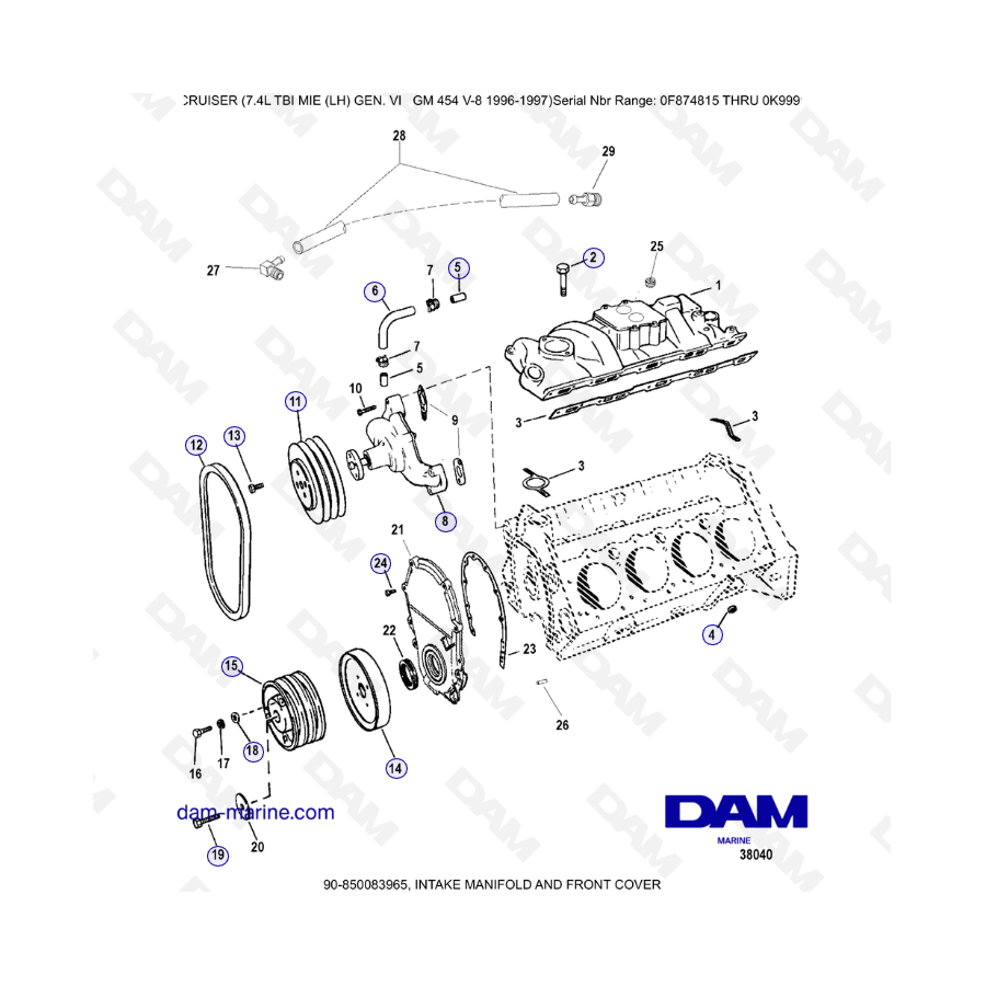 MERCRUISER 7.4L EFI TBI - Múltiple de admisión y tapa delantera